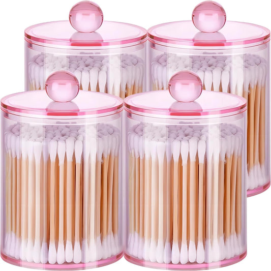 AXX Qtip Dispenser Apothecary Jars Bathroom - Qtip Holder Storage Canister Clear Plastic Jar for Cotton Swab,Q-Tips,Cotton Rounds (Pink 4Pcs)