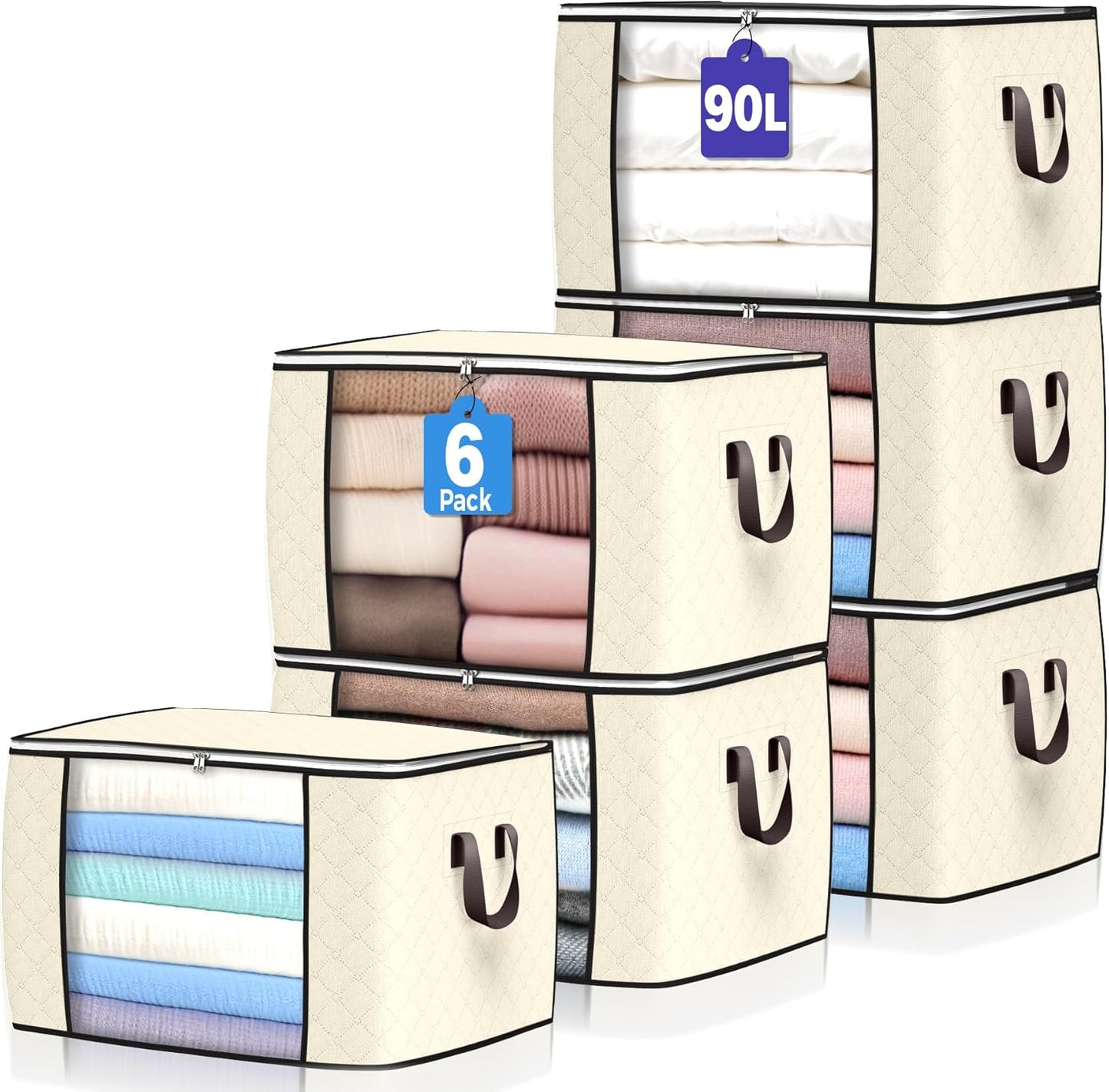 90 L Large Storage Bags, 6 Pack Clothes Storage Bins Foldable Closet Organizers Storage Containers with Reinforced Handle for Clothing, Blanket, Comforters, Bed Sheets, Pillows and Toys (Beige)