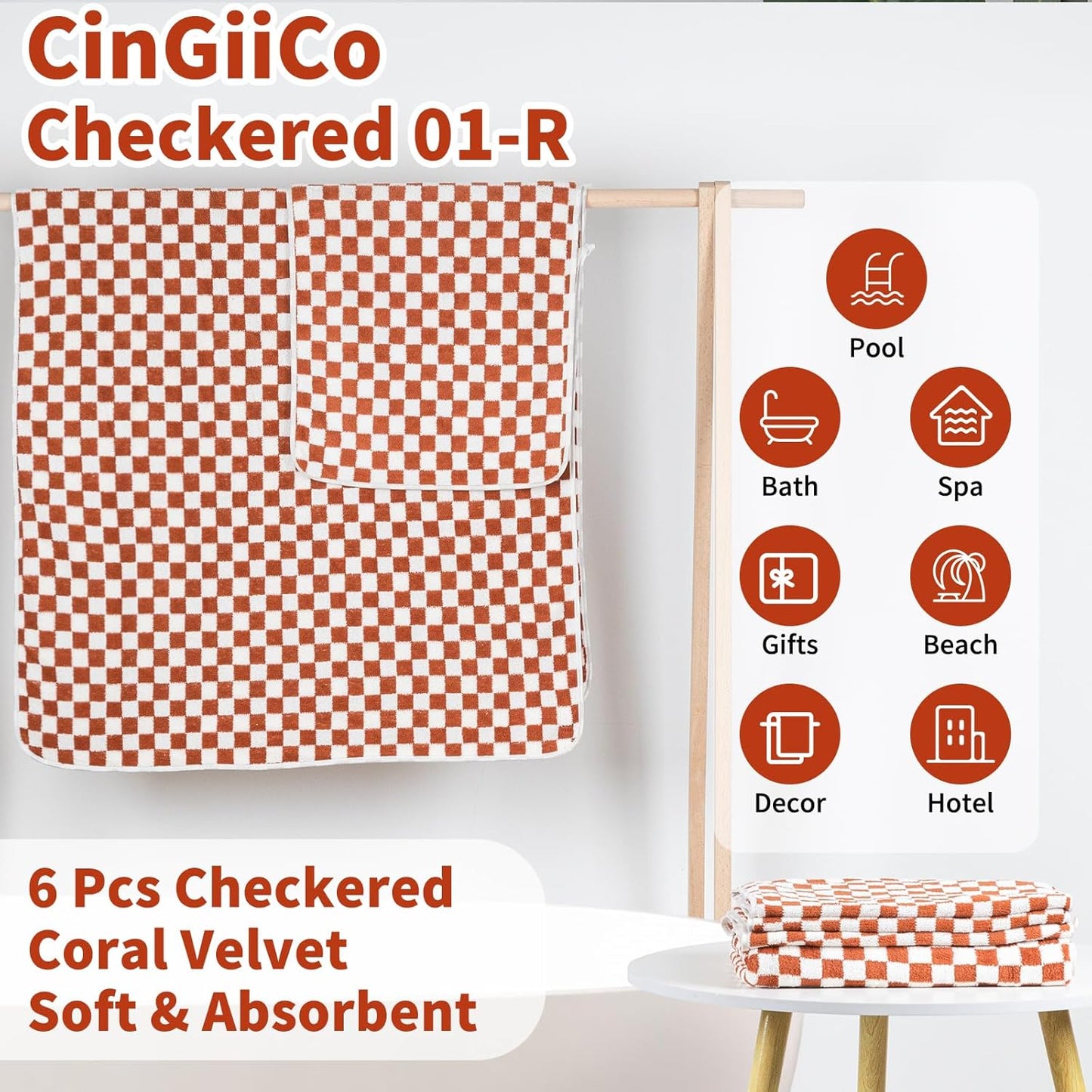 Checkered Bath Towels Set of 6 Large, Microfiber Shower Towels * 2 (55.12"*27.56"), Hand Towels * 4 (29.52"*13.77"),Towels for Bathroom、Pool、Hotel, Spa, Soft Absorbent Quick-Dry（Red