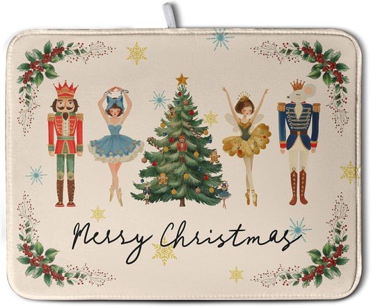 Merry Christmas Nutcracker Dish Drying Mat for Kitchen Counter 18x24 Inch Winter Xmas Tree Snowflakes Drying Mats Microfiber Absorbent Dish Drainer Washable Dish Rack Pad for Sink Coffee Bar