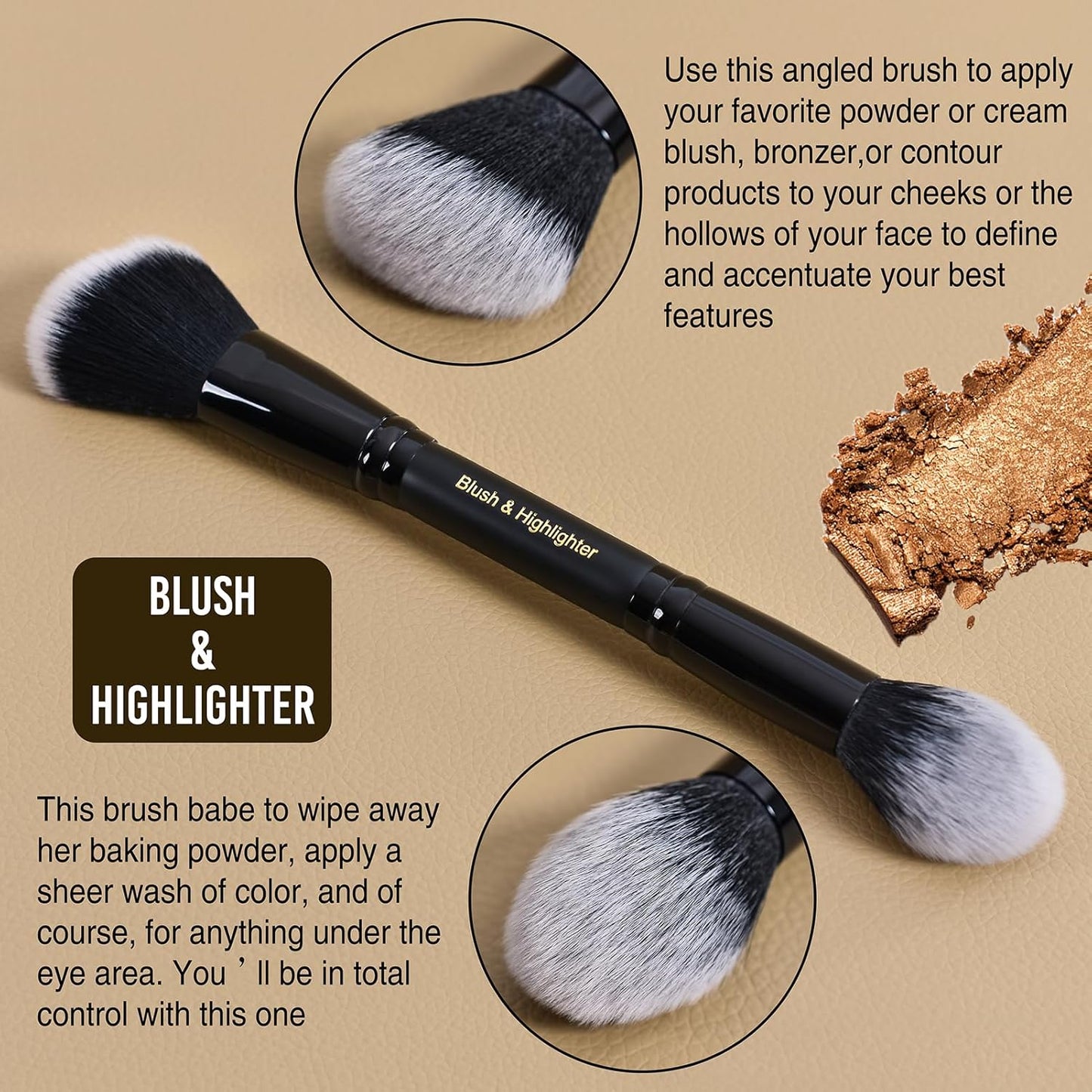 LORYP Black Makeup Brushes 2Pcs Duo End Foundation Powder Brush Set, Blush & Highlighter Brush and Round & Flat Foundation Brush