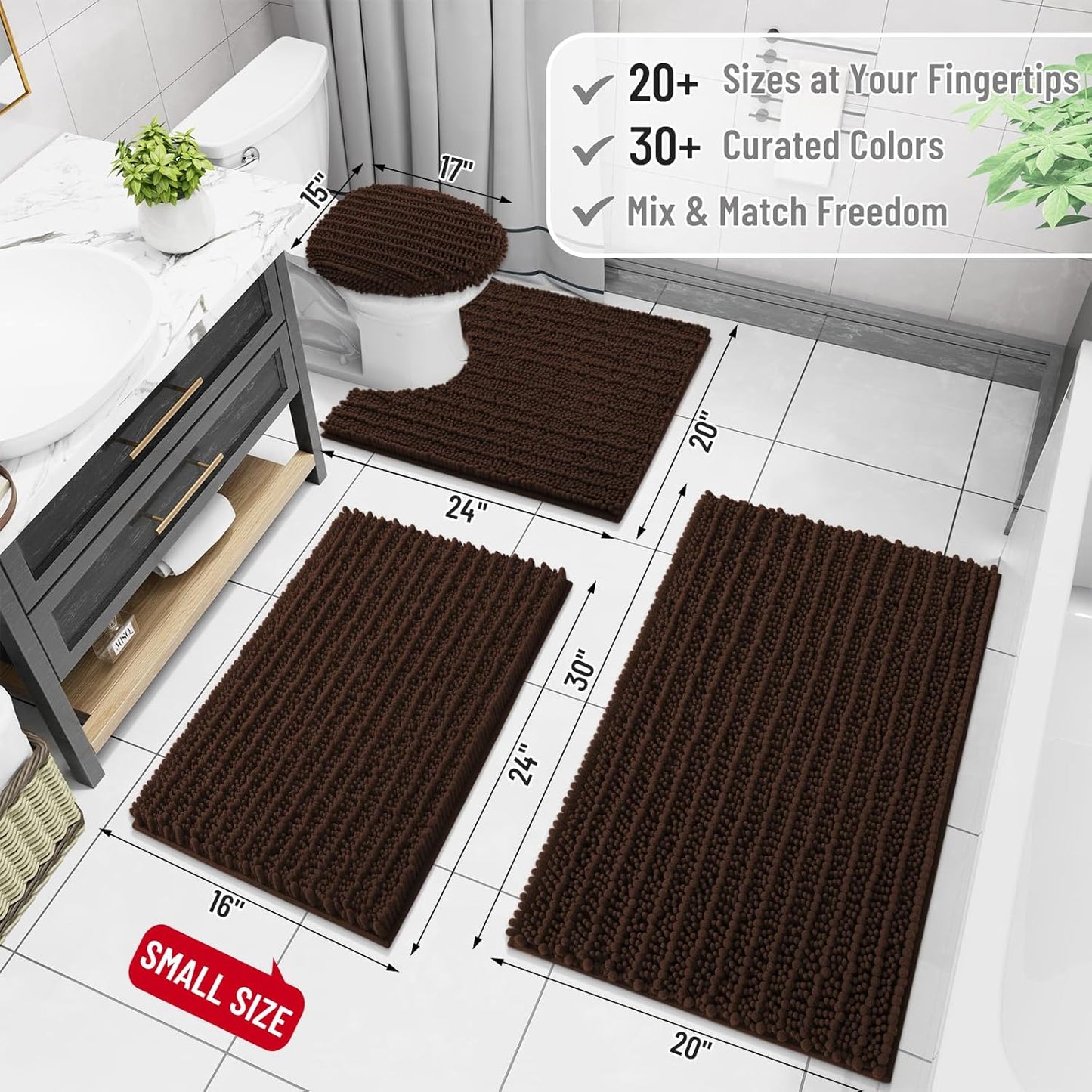 Arotive Luxury Chenille Bathroom Rug Mat, Extra Soft Thick Absorbent Shaggy Bath Rugs, Non-Slip Machine Wash Dry, Plush Bath Mats for Bathroom, Shower and Tub, 70x24, Brown