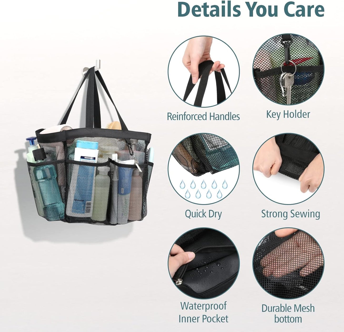 F-color Mesh Shower Caddy Portable, X Large 7 Deeper Pockets Shower Bag Basket Tote for College Dorm Room Bathroom Essentials Gym Camp Quick Dry 2 handles with S Hook, 2 Pack Black