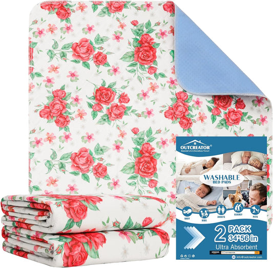 OUTCREATOR® Washable Bed Pads 56" x 34" (Pack of 2), Incontinence Mattress Protector, Anti-Slip Waterproof Underpads for Adults Kids Elderly Pets, Absorbency & Reusable Bedwetting Pads (White)