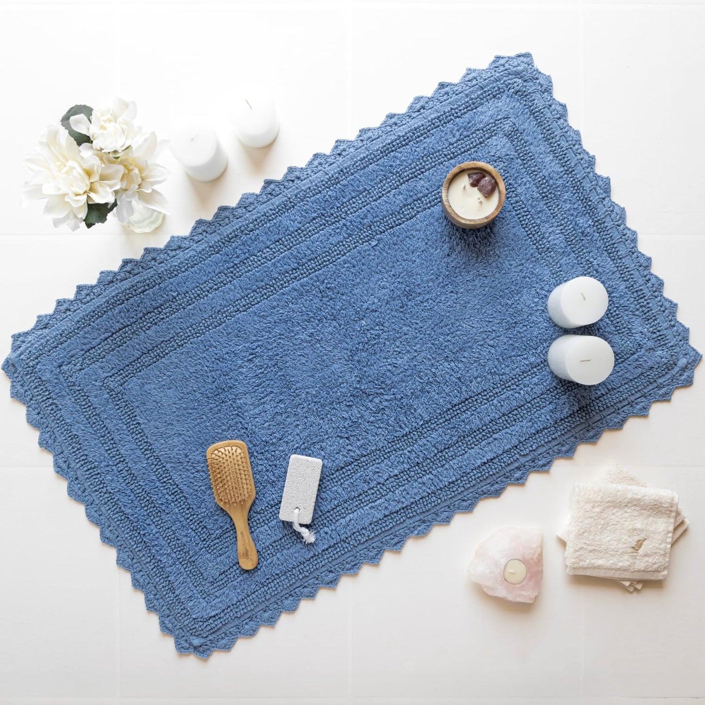 RAJRANG Parisian Blue Bathroom Mat with Crochet Pattern - 34x21 Inches Cotton Reversible Rectangular Bath Rug for Bathroom Spa Hotel and Restaurant