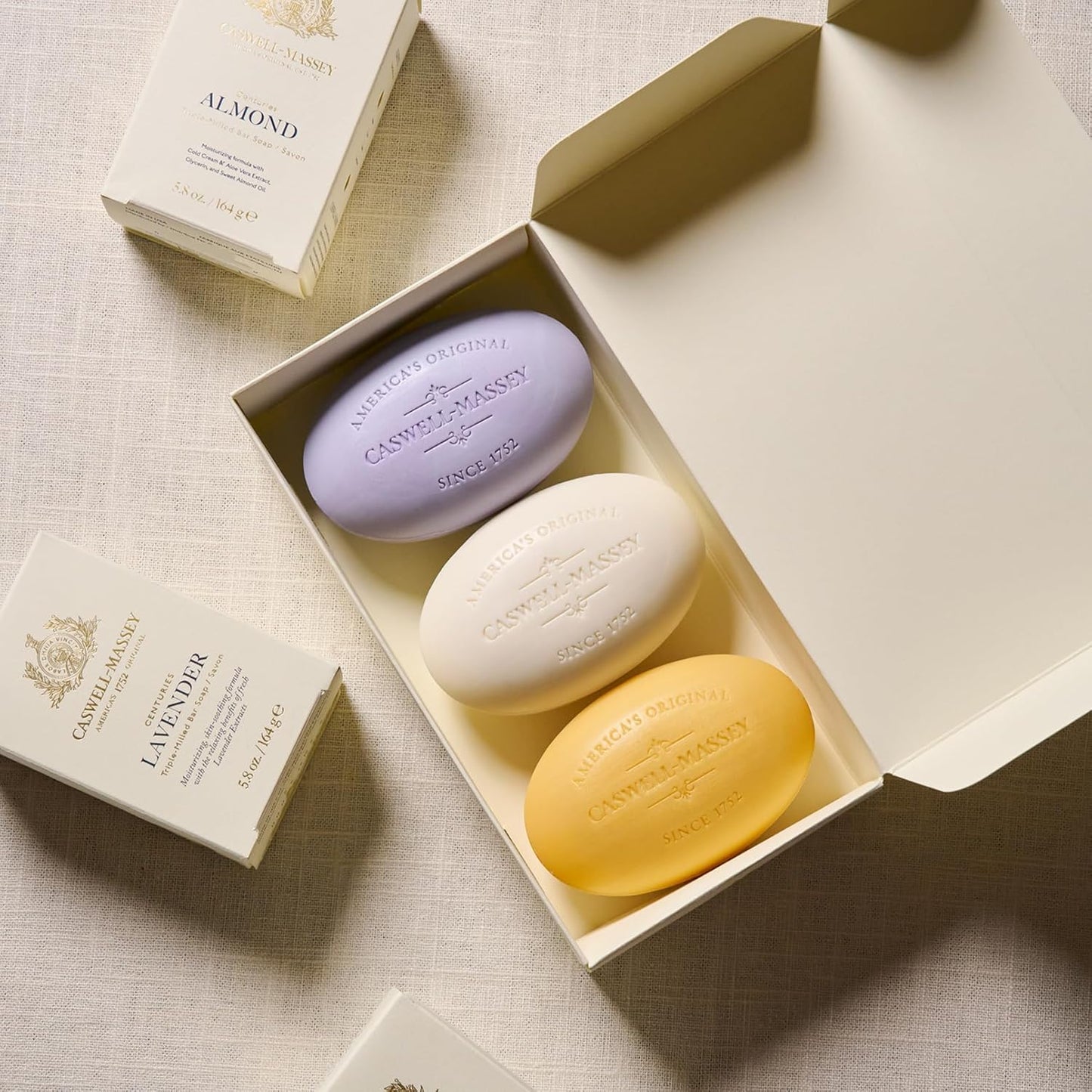 Caswell-Massey Natural Bar Soap Gift Set, Almond, Verbena, Lavender Scents, Triple-Milled Moisturizing Body Soap, Plant-Based for All Skin Types, Men, Women, Made in USA, 3 Bars, 5.8 oz Each