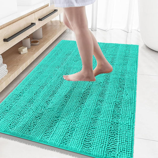 Grandaily Chenille Striped Bathroom Rugs 59x35, Extra Thick and Absorbent Bath Mats, Non-Slip Soft Plush Shaggy Shower Carpet, Machine Wash Dry, Bath Rug for Bathroom, Teal