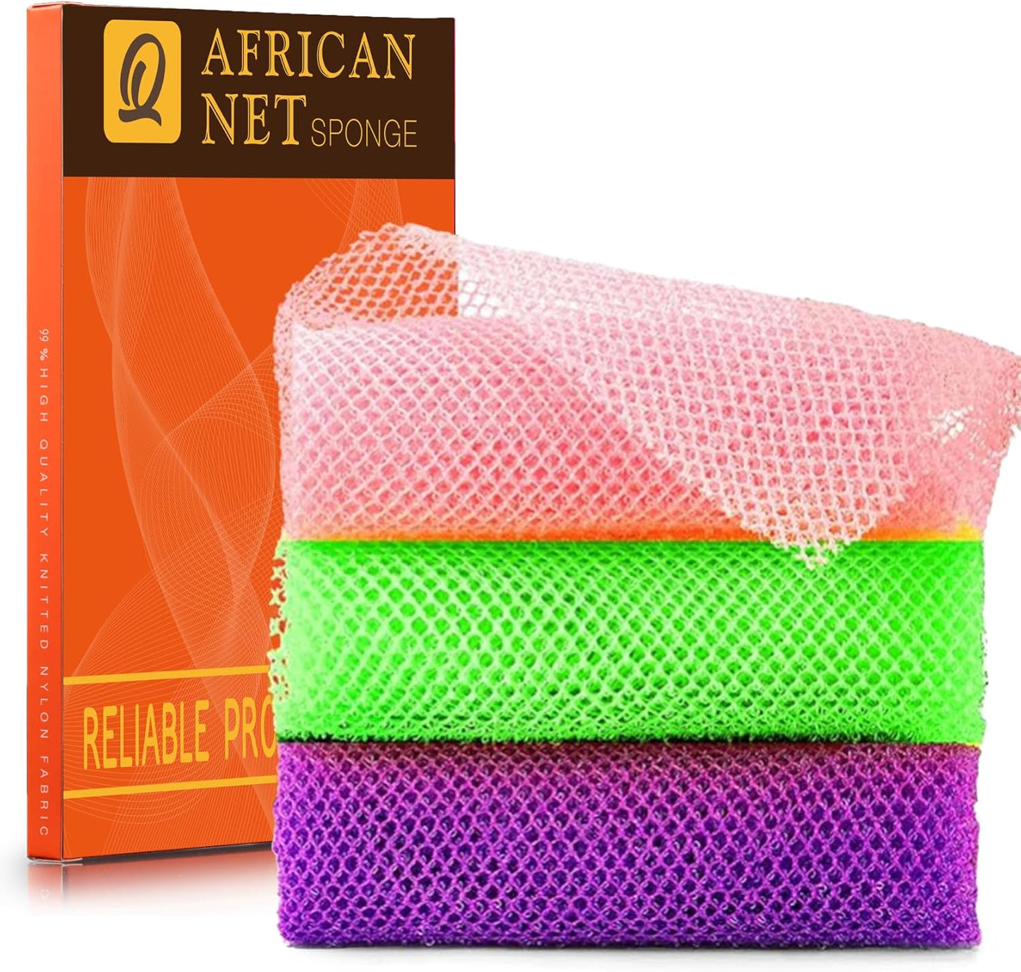 UJFQBH 3 Pieces African Bath Sponge African Net Long Net Bath Sponge Exfoliating Shower Body Scrubber Back Scrubber Skin Smoother,Great for Daily Use (Purple， Pink，Green)