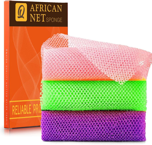 UJFQBH 3 Pieces African Bath Sponge African Net Long Net Bath Sponge Exfoliating Shower Body Scrubber Back Scrubber Skin Smoother,Great for Daily Use (Purple， Pink，Green)