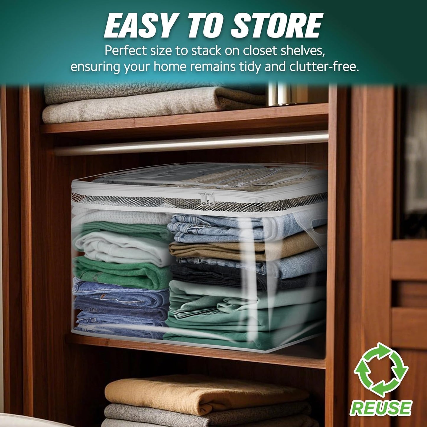 HIBAG 10 Gallon Large Storage Bag for Clothes, Zipper Clothing Storage Bag, Clear Organizer with Reinforced Handles, for Closet and Underbed Storage (2 Pack)