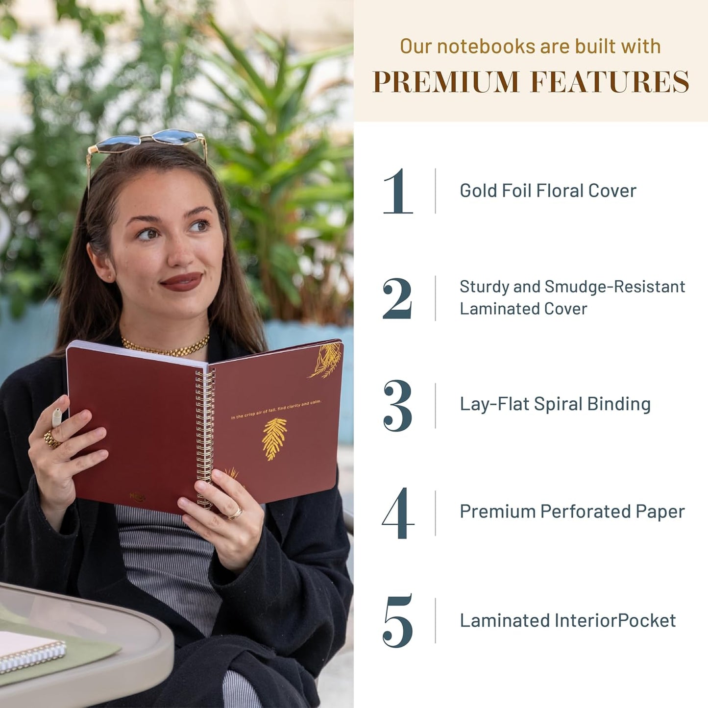 Happy Hoos® Aesthetic Spiral Notebook - 6.25" x 8.25" College Ruled Journal Notebook - Hard Cover Writing Journal for Work, School, Travel, More - Floral Notebook 8 Seasonal Designs (Gilded Autumn)