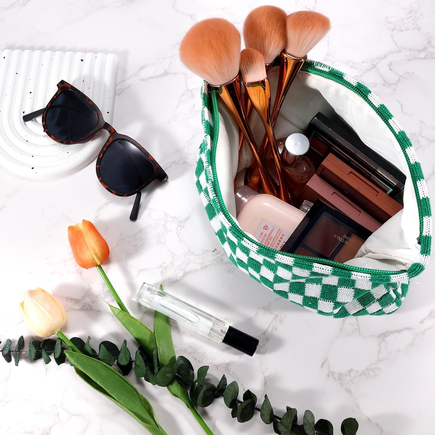 ZLFSRQ 2Pcs Checkered Makeup Bag for Women Large Capacity Cosmetic Bag Set Travel Makeup Pouch for Purse Zipper Toiletry Organizer Cute Y2K Aesthetic Trendy Skincare Storage Organizer(Pink/Green)