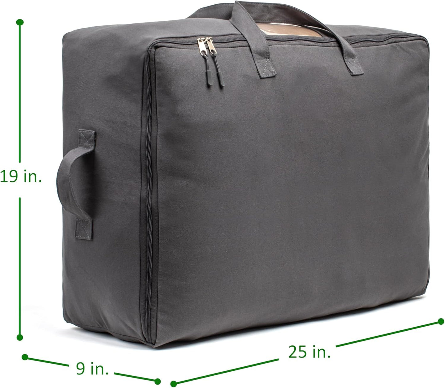 Soft Canvas Storage Bags with Zipper. Thick Breathable, 2pc King/Queen Comforter Organizer. Four Carrying Handles and Window. Large 25x19x9in Bag for Sheets Blankets Bedding Pillows, Clothes (Grey)