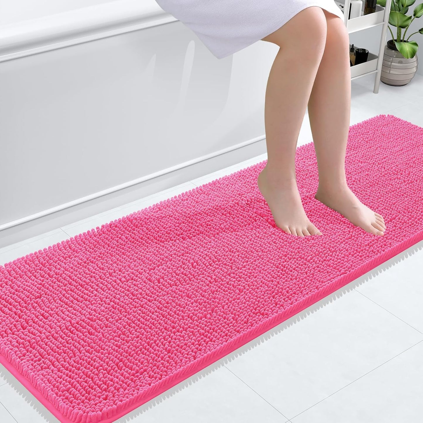 OLANLY Bathroom Rugs 59x20, Extra Soft Absorbent Chenille Bath Rugs, Rubber Backing Quick Dry, Machine Washable Bath Mats for Bathroom Floor, Tub and Shower, Home Decor Accessories, Hot Pink