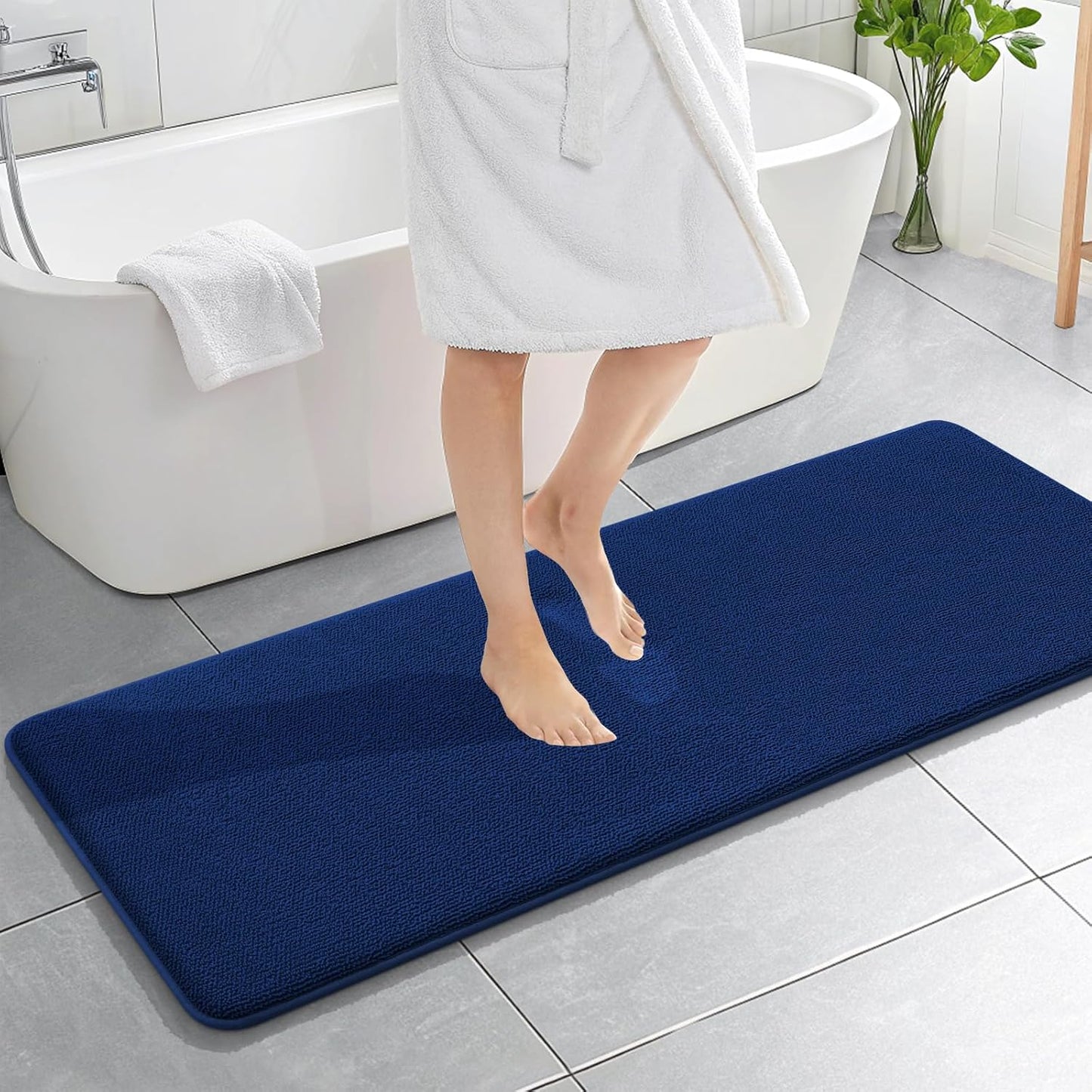 OLANLY Thick Memory Foam Bath Mat Rug 59x20, Extra Soft Absorbent Bathroom Rug, Quick Dry Bath Mats, Non-Slip, Machine Washable Carpet for Bathroom, Tub and Shower, Home Decor Accessories, Navy