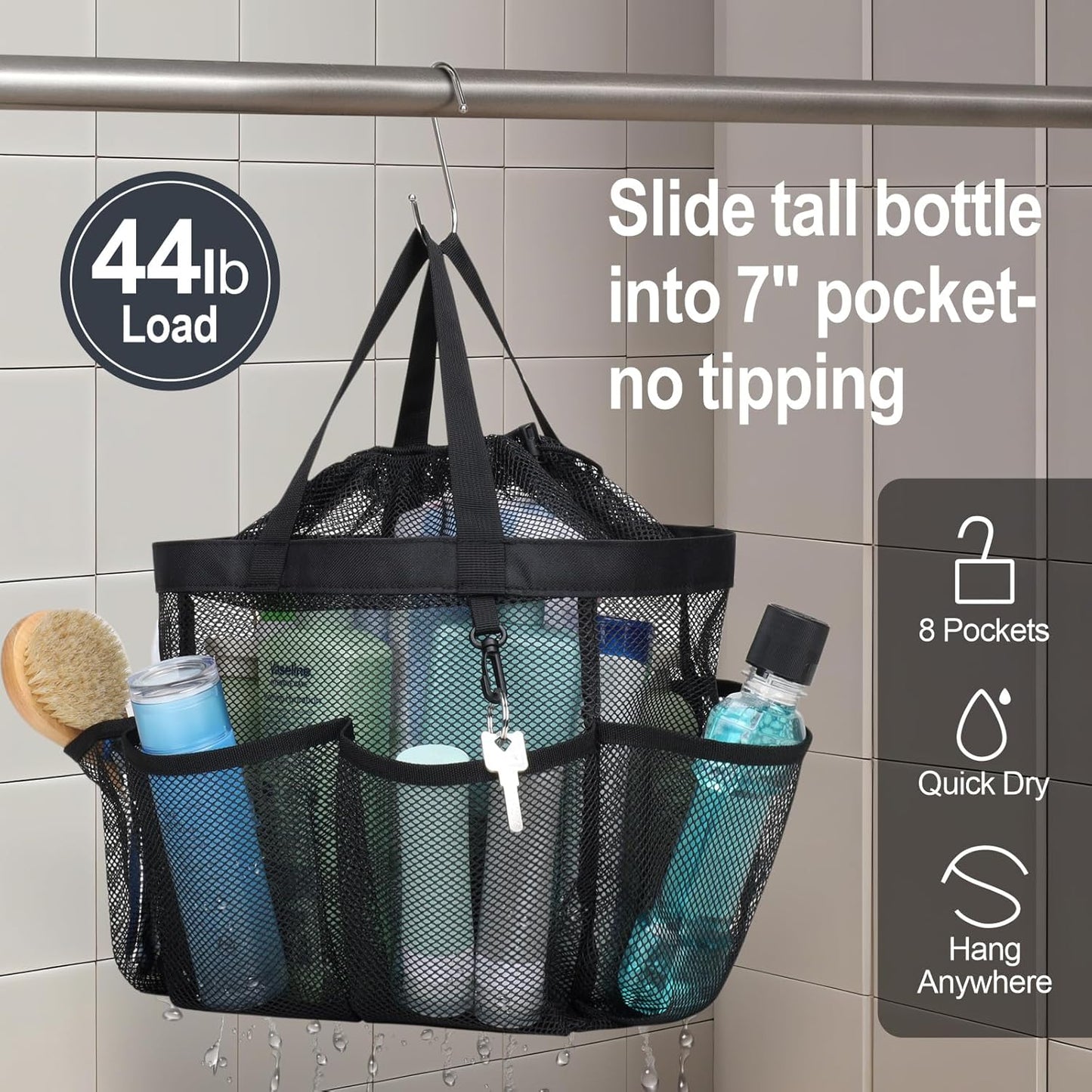 F-color Mesh Shower Caddy Portable with Drawstring - Upgrade Deeper 7 Pockets Dorm Room Essentials for Guys Girls with S Hook, Shower Bag Basket Tote for College Camping Toiletry Bathroom, Black