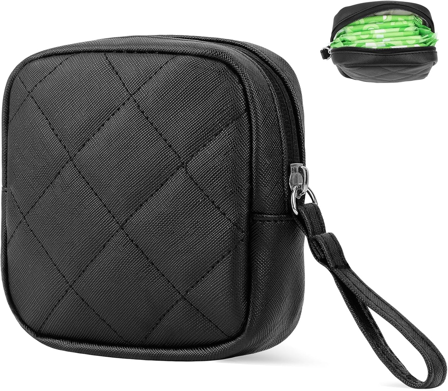 Sanitary Pad Storage Bag, Leather Period Bags for Teen Girls, Portable Tampon Menstrual Cup Pouch Nursing Pad Holder Purse, Sanitary Pouch for Feminine Products 1 Pack(Black)