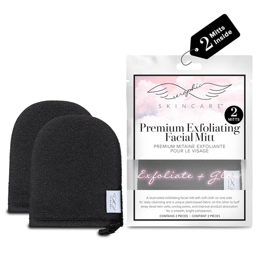 Seraphic Skincare Premium Exfoliating Facial Mitt 2 Pack – 100% Vegan Dual-Sided Face Mitten with Viscose & Washcloth – Facial Scrub Pad for Gentle Cleansing & Exfoliation – Natural Dead Skin Remover
