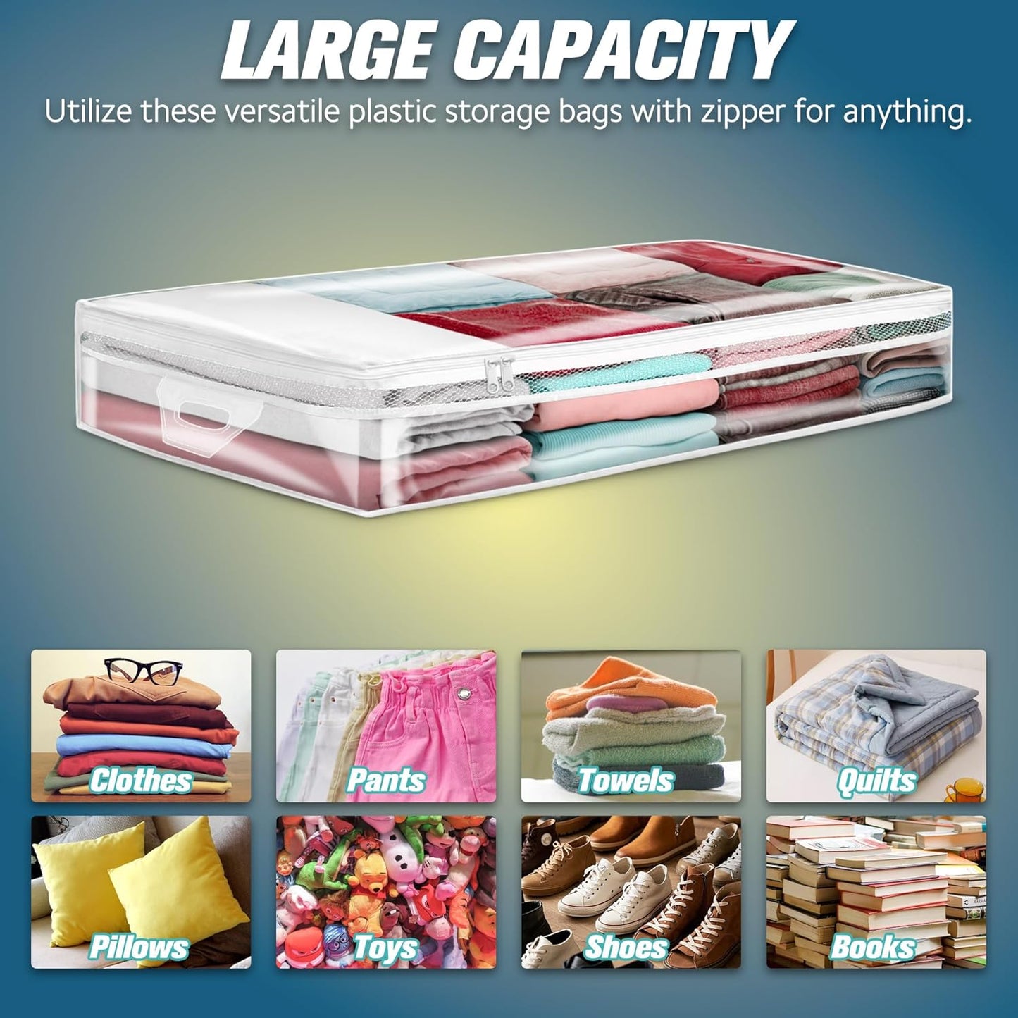 HIBAG 20 Gallon Under Bed Storage Containers, Underbed Clothing Storage Bins, Clear Plastic Organizer with Reinforced Handles, for Clothes Comforters Blankets Towels Pillows Bedding (2 Pack)