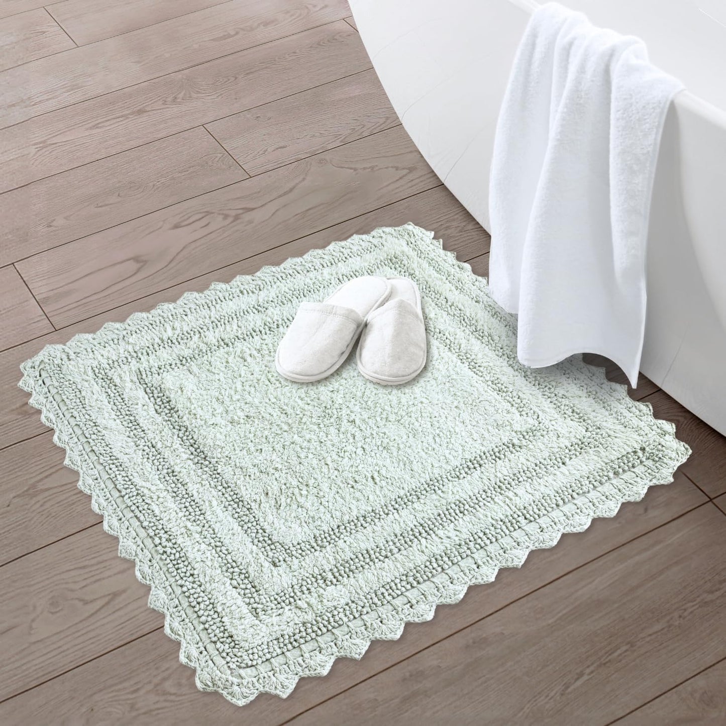 RAJRANG Cotton Crochet Bath Rug - 24 Inches Soft Washable Reversible Boho Bathroom Mat Square - Meadow Mist