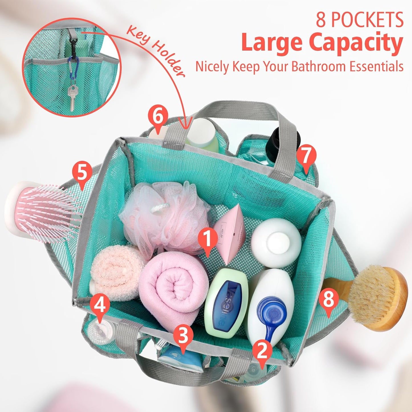 F-color Mesh Shower Caddy Portable - 2 Handles Upgrade Deeper 7 Pockets Basket Bag Tote for College Dorm Room Toiletry Bathroom Essentials Gym Camp Quick Dry with S Hook, 2 Pack Mint Green