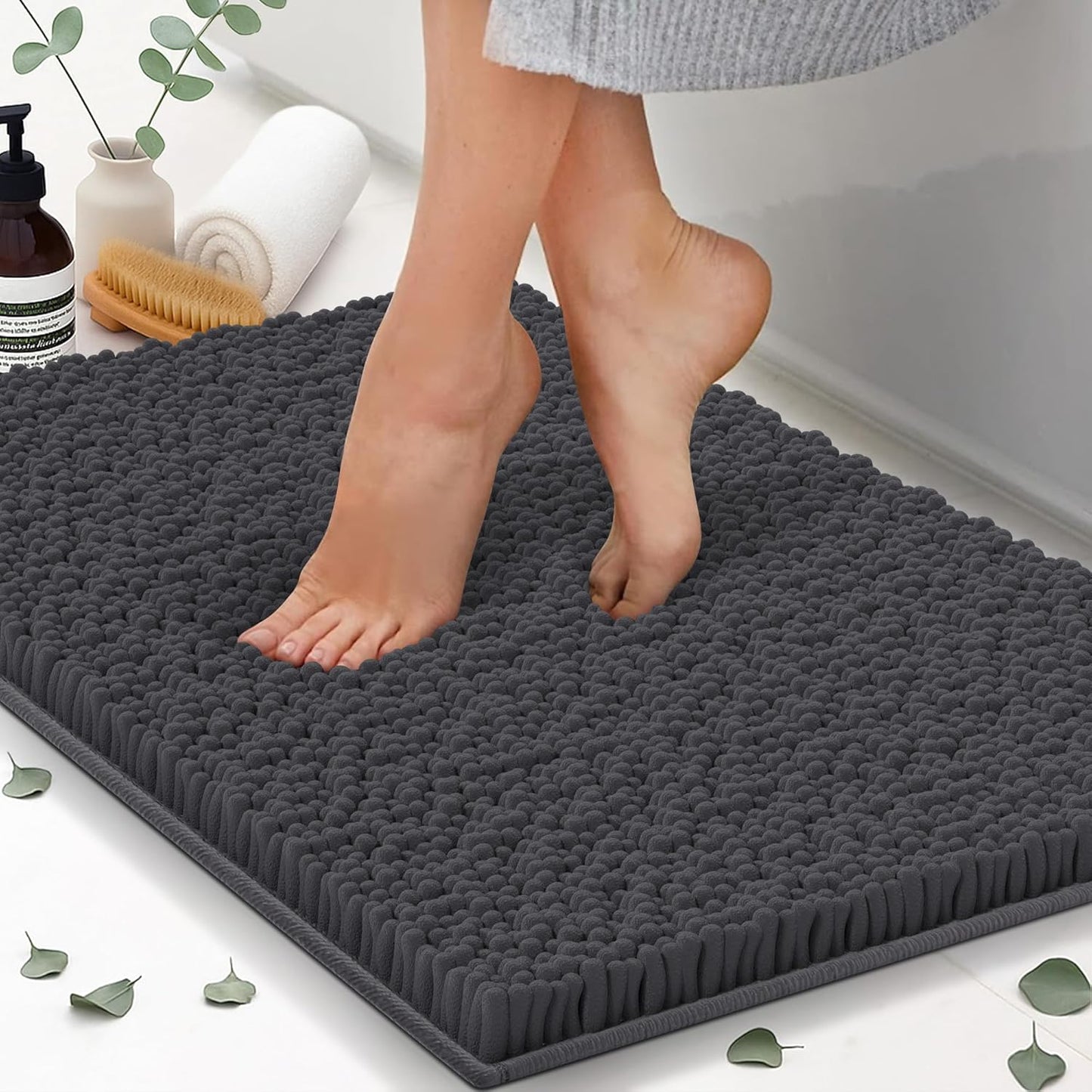 Chenille Bath Mats, Plush Absorbent Bath Mats Quick Dry, Soft & Machine Washable, Non Slip Carpet For Bathroom, Thick Bathroom Rugs, Shower Restroom Rug Mat, Alfombras De Baño, Bathrugs Matts, 22"x14"