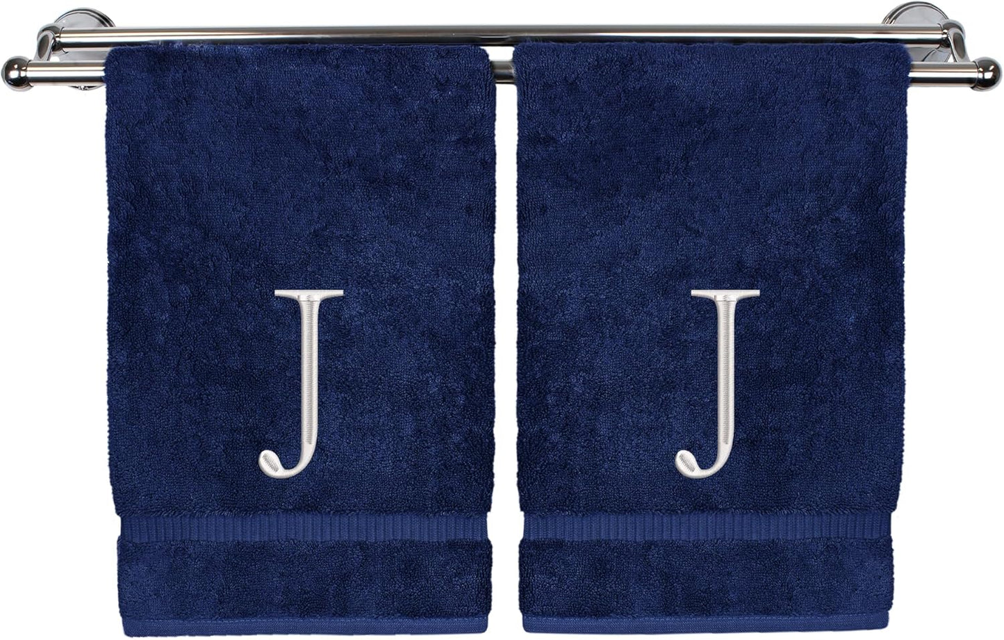 Monogrammed Hand Towel, Personalized Initial Gift, Extra Absorbent 100% Turkish Cotton - Soft Terry Finish - Set of 2 - White Block Initial J - Embroidered on Navy Blue Towels