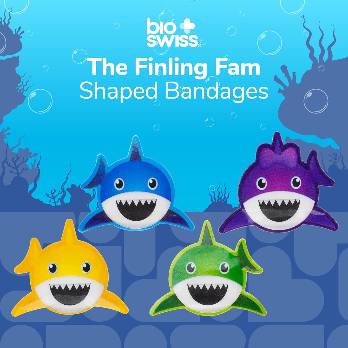 BioSwiss Kids Bandages, Finling Fam Shark Shaped Self Adhesive Bandage Set, Latex Free, Sterile Wound Care, 24 Count