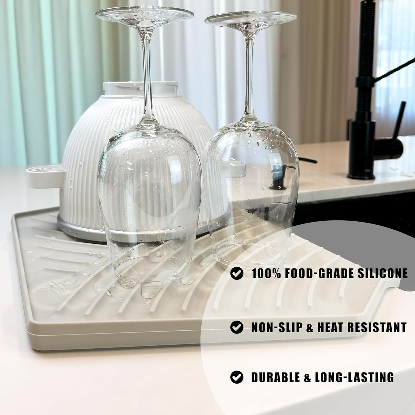 Silicone Dish Drying Mat with Drain, Self-Draining, Heat Resistant & Non-Slip Kitchen Counter Mat, Easy to Clean, Reusable, 19.3'' x 13'', Greige