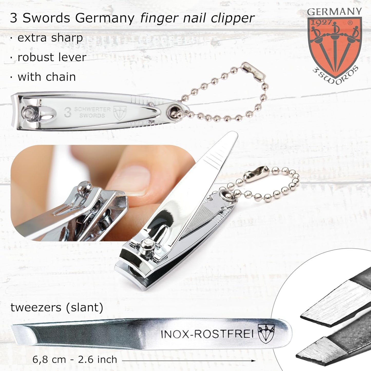 3 Swords Germany - Brand Quality 6 Piece Manicure Pedicure Grooming kit Set - Scissors, Metal and Glass Nail File, Clipper, Tweezers with Synthetic Leather case - Ostrich