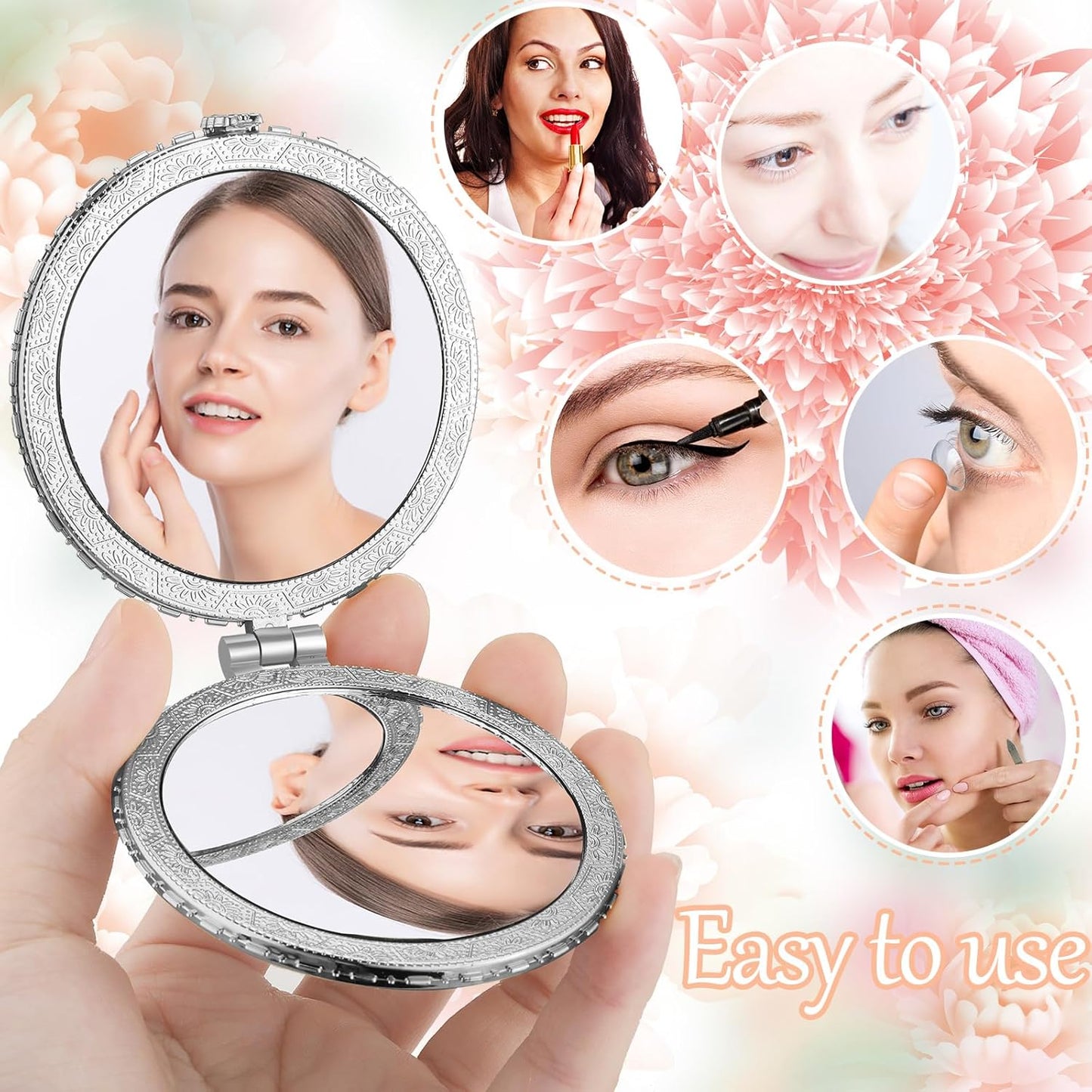 Blulu 16 Pcs Compact Mirrors for Purse Bulk Small Flower Pocket Mirror Vintage Portable Floral Folding Tea Party Favors Return Gifts for Women Christmas Birthday Wedding Makeup Travel(Silver Edge)