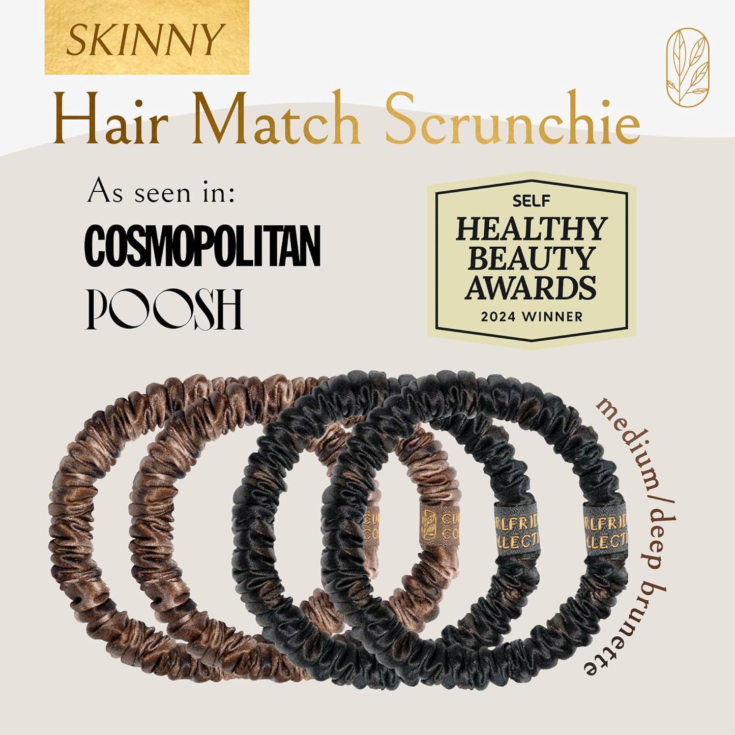 Mulberry Silk Skinny Hair Match Scrunchies for Women, Anti-Breakage Hair Ties for Curly, Thick & Thin Hair, 100% Silk, Satin Hair Scrunchies for Buns & Ponytails, Brown/Medium/Deep Brunette, 4-Pack