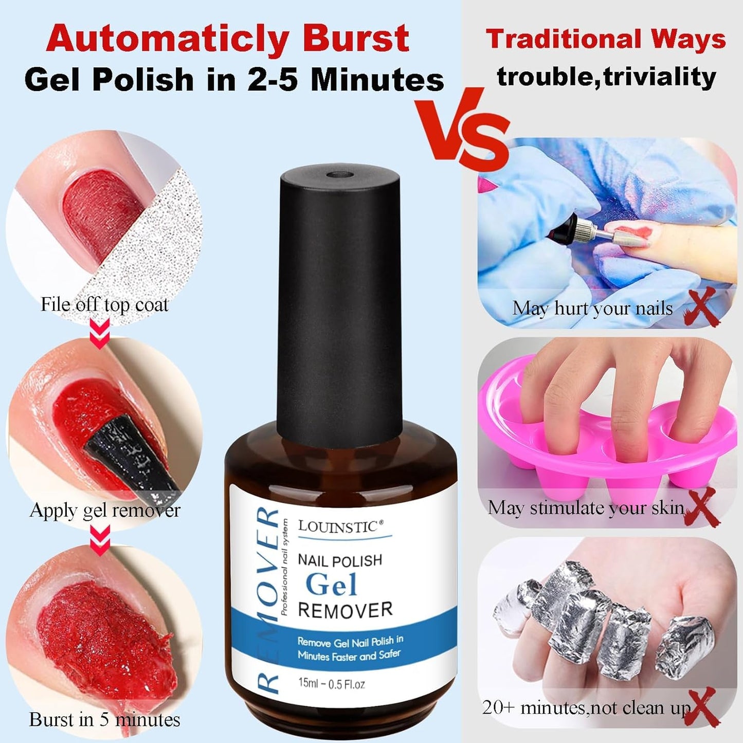 Gel Polish Remover – 45ML, Professional & Fast Gel Remover Kit, Easily Remove Gel Nail Polish in 2-5 Minutes, Gentle, Acetone Free, Not Damage to Natural Nails with Nail Files 3pcs