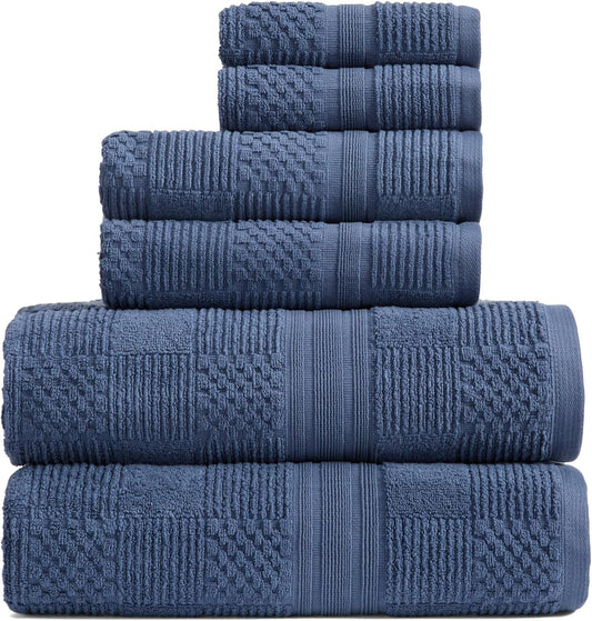 Springtree Home 100% Cotton Bathroom Towel Set | 6 Piece Set - Blue Towels | Geometric Textured Design | Absorbent & Quick-Dry | Oeko-TEX® Standard 100 Cotton | Myla Collection - Indigo