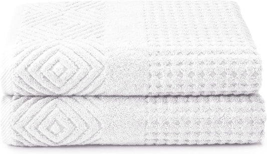 Texere 100% Organic Cotton Diamond Jacquard 700 GSM Luxury Bath Towel Sets - Ultra Soft and Absorbent Hotel and Spa Quality (Diamond, Bright White, 2 Bath Towels)