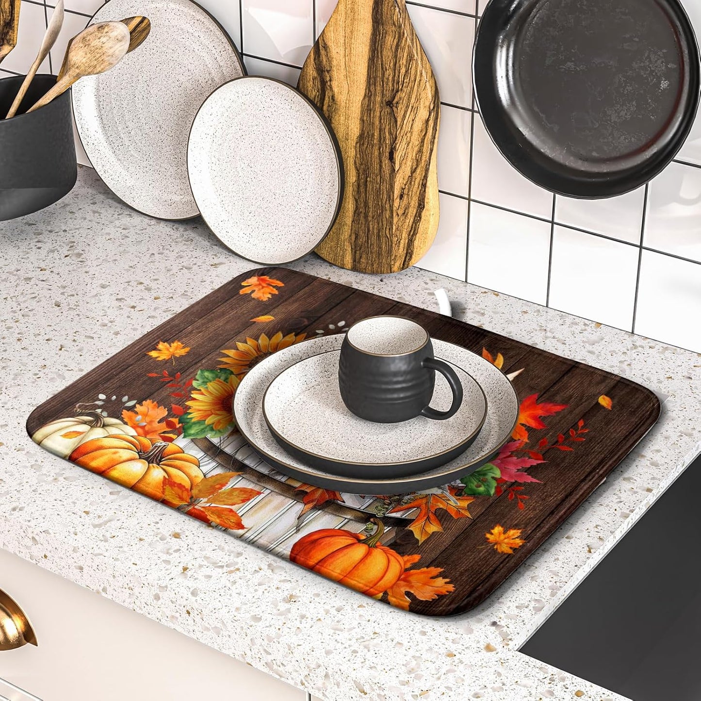 Fall Pumpkin Dish Drying Mat for Kitchen Counter Decor 16x18 Inch Halloween Thanksgiving Dish Drainer Mats Absorbent Reversible Dishes Pad