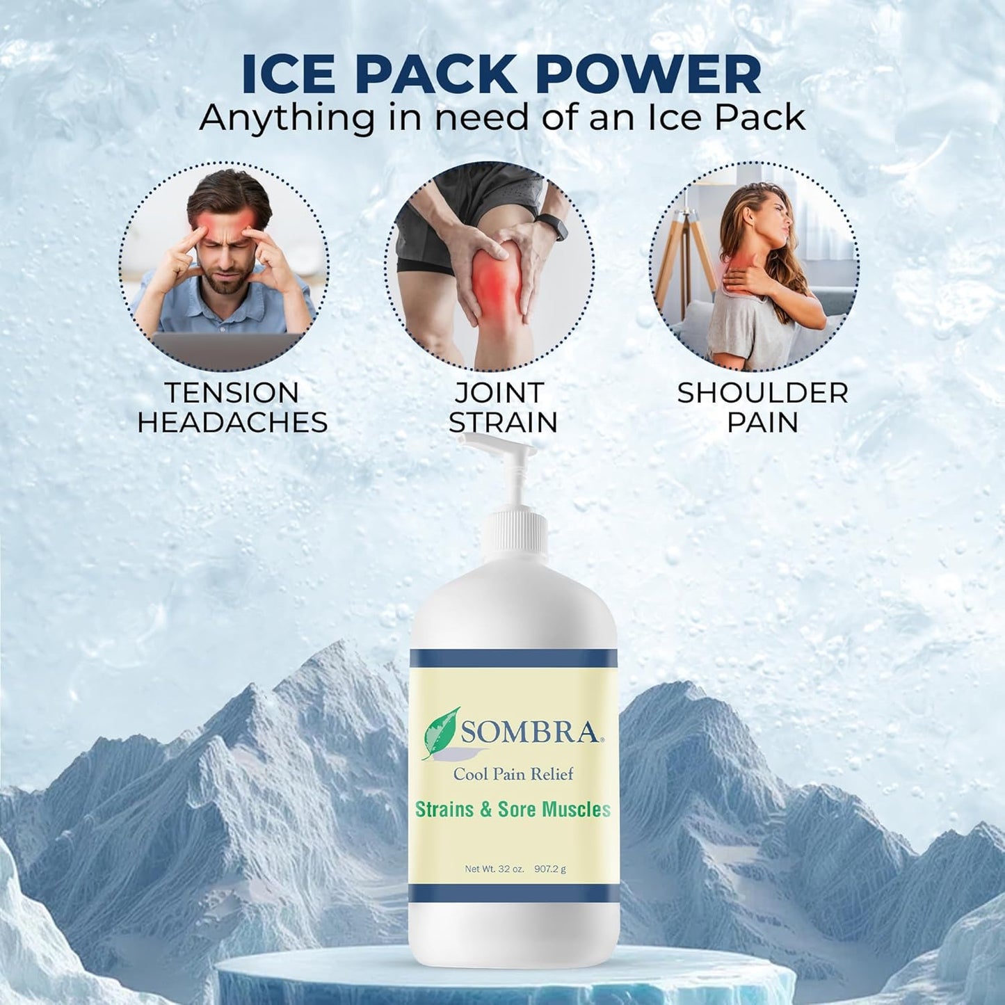 Sombra Original Cool Therapy Gel Cold Pain Relief for Swelling, Growing Pains, Soreness, Post-Workout, Vegan Formula Free of Artificial Fragrances, Dyes, NSAID, Wax, Petroleum, Alcohol - 32oz Pump