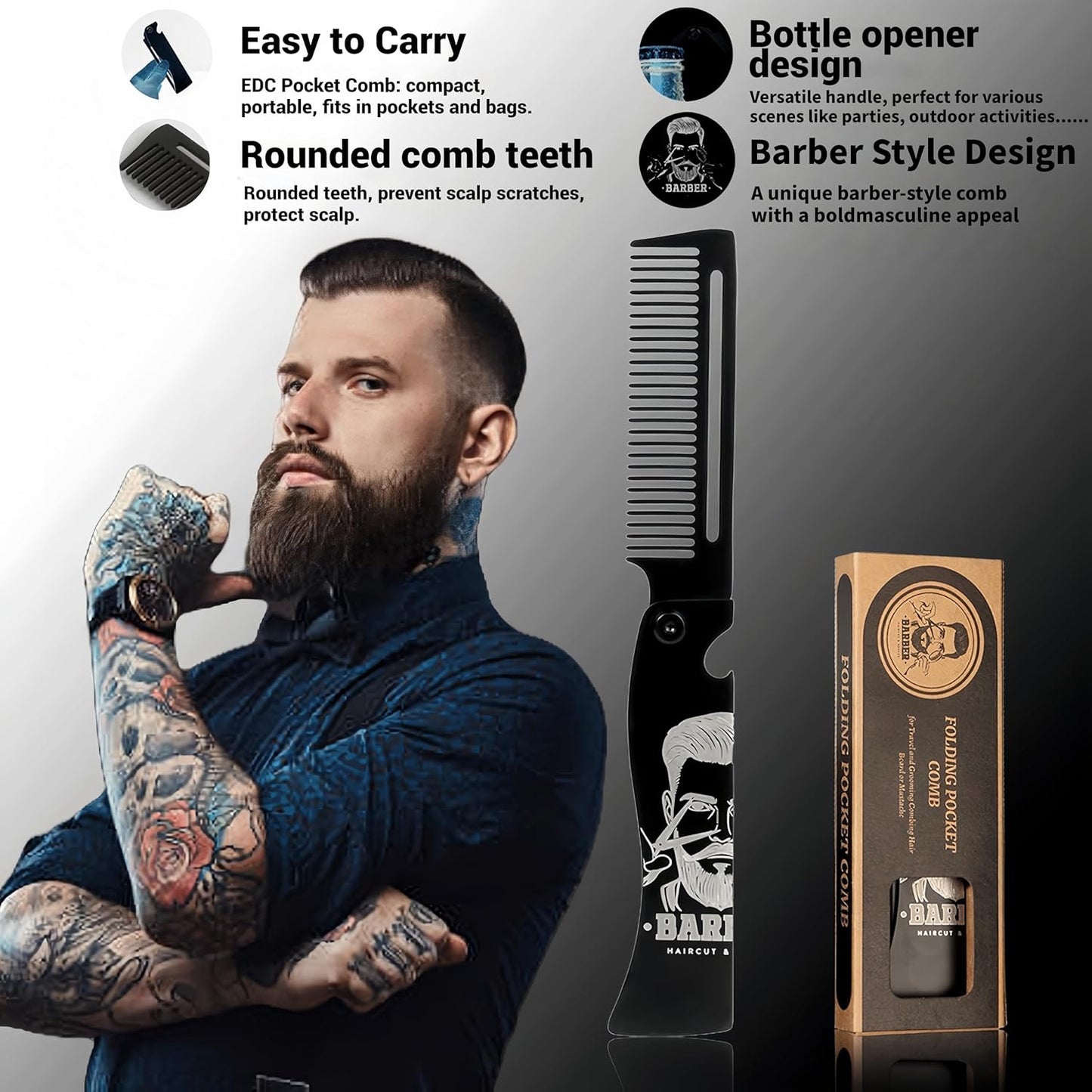 Metal Hair Styling & Beard & Mustache Folding Pocket Comb, Multifunctional EDC Grooming Tool With Bottle Opener - Anti-Static for Outdool Travel & Daily Grooming - Black