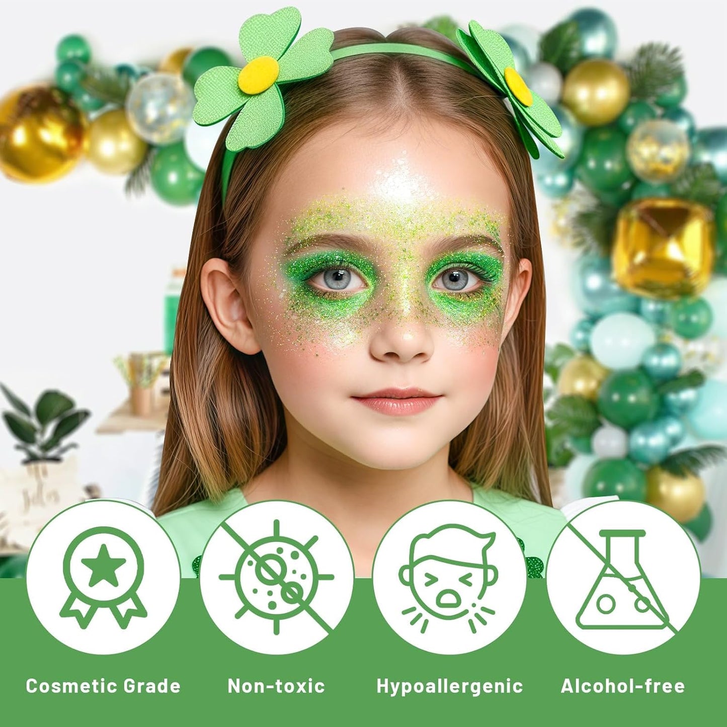 DAGEDA Green Body Glitter Gel, Roll-on Face Glitter for St Patricks Day Festival Rave Accessories, Holographic Hair Glitter Gel,Body Shimmer Mardi Gras Makeup for Rave Party