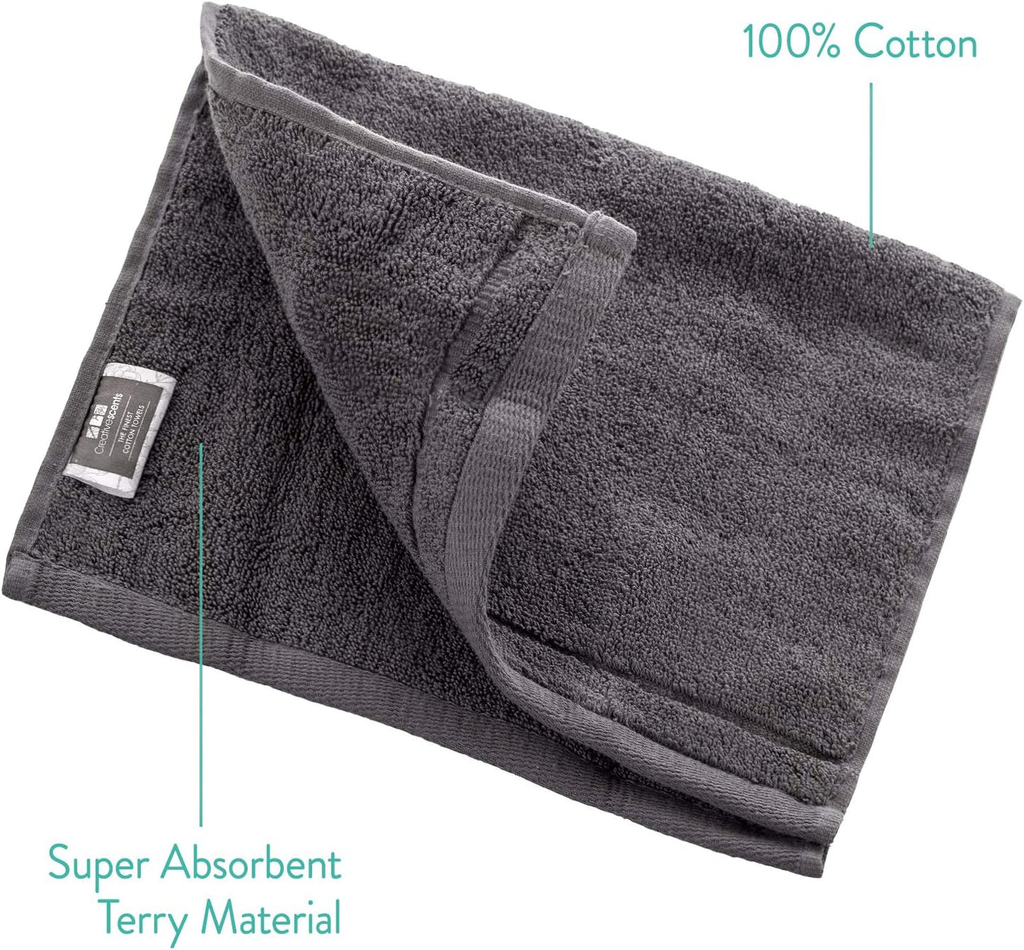 Creative Scents Cotton Fingertip Towels Set - 4 Pack - 11 x 18 Inches Decorative Small Extra-Absorbent and Soft Terry Towel for Bathroom - Powder Room, Guest and Housewarming Gift (Grey)