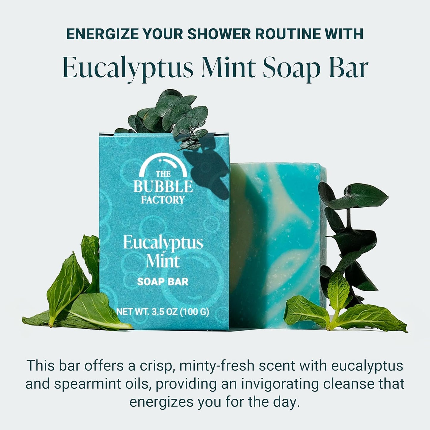 The Bubble Factory Handmade Soap, All Natural Soap for Women & Men, Hand, Bath & Body Natural Bar Soap, Vegan, Palm Oil Free, Made in USA with Shea Butter + Essential Oils, Eucalyptus Mint, 3 Bars
