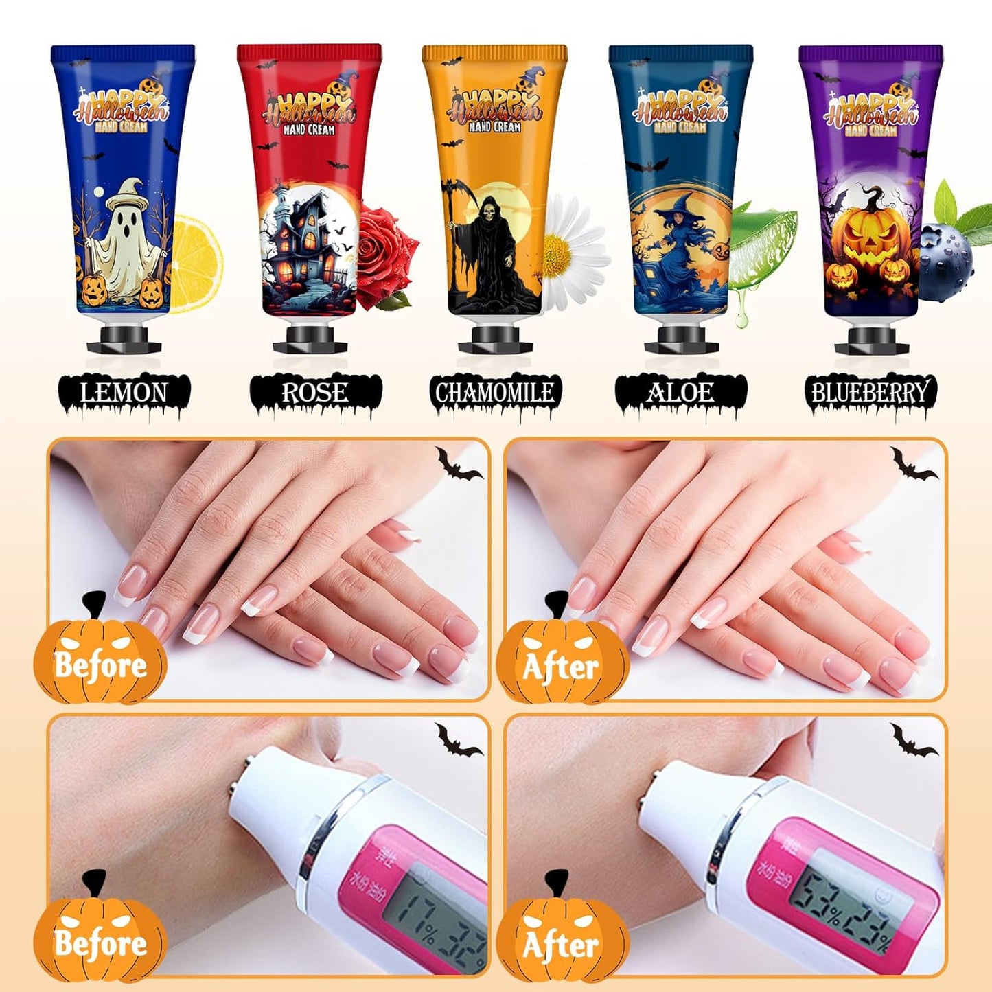 VESPRO 50 Sets Halloween Hand Cream Gift for Women, Hand Lotion for Halloween Party Favors with Halloween Cards and Organza Bags, Halloween Decorations and Bulk Halloween Gifts for Women
