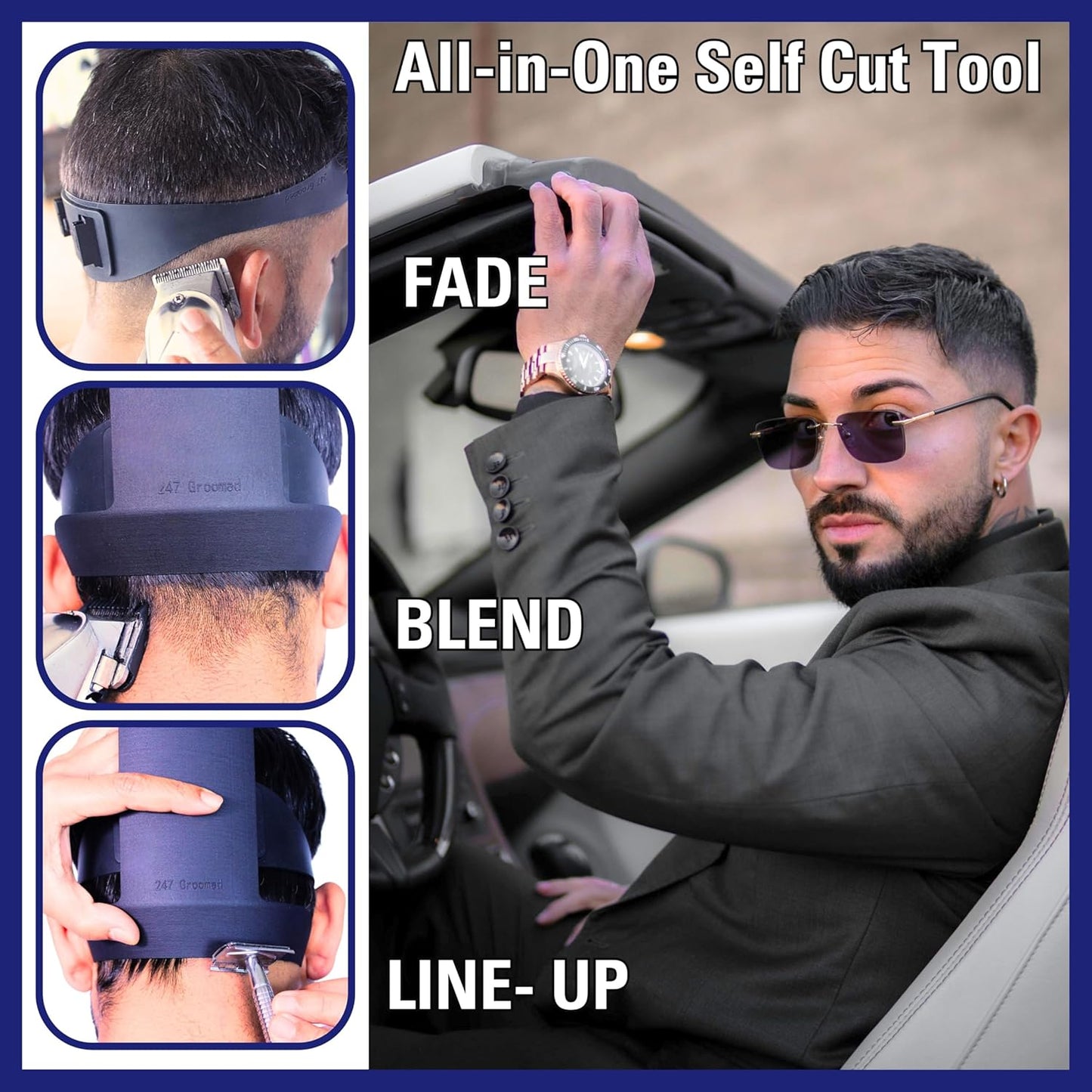 Self Haircut Kit for Men | 2Pcs SelfCut Guide for Men: Neckline Shaving Template & Fade Guide | Adjustable Size Hair Fade Tool & Stable Neck Line Up Tool | Hair Cut for Kids & Seniors