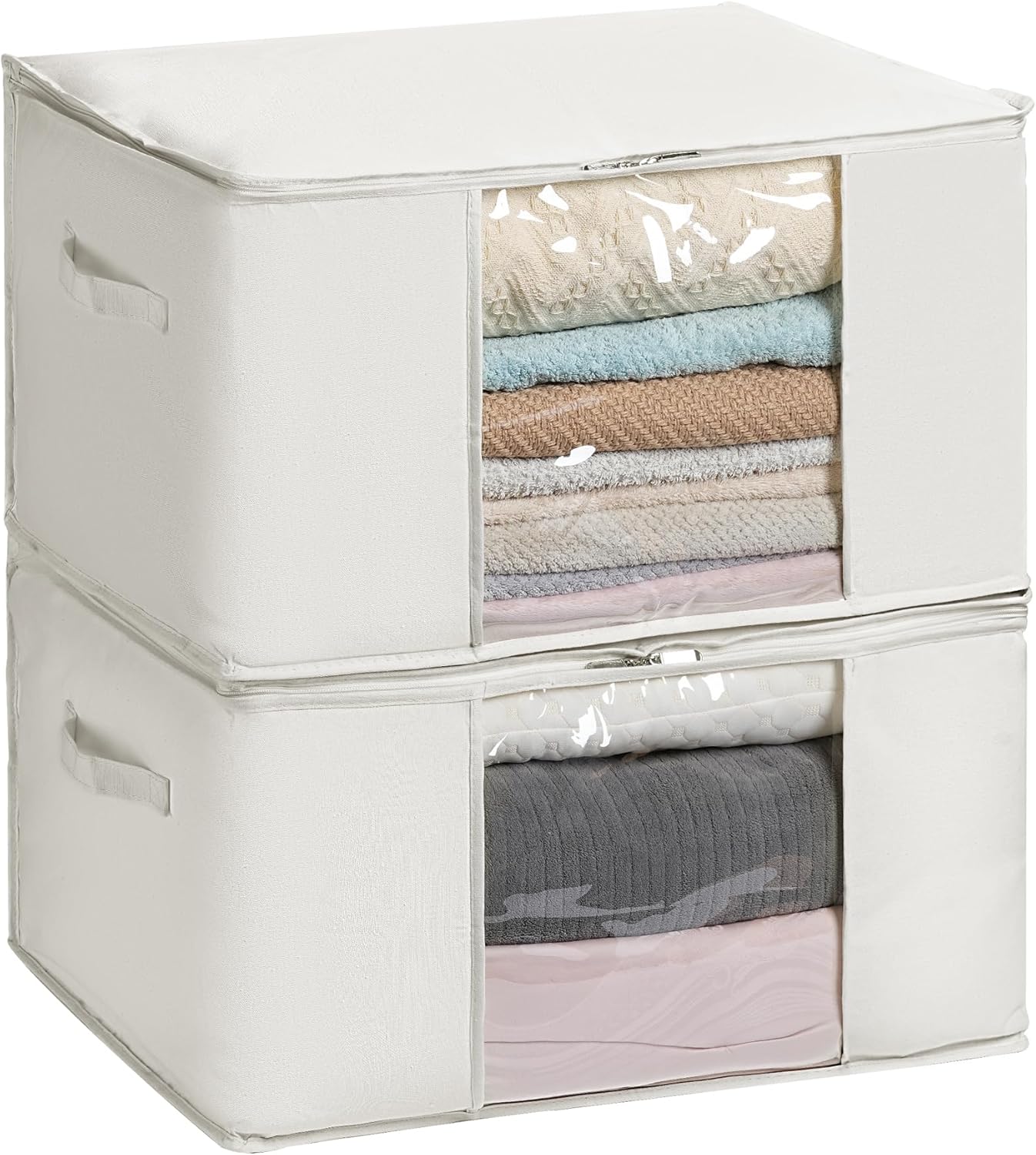 TYEERS Large Storage Bags with Zipper and Clear Window, Cotton Blended Fabric Storage Containers for Seasonal Clothes and Bedding, 23.6x15.7x13.8 Inches, 2-Pack, Beige