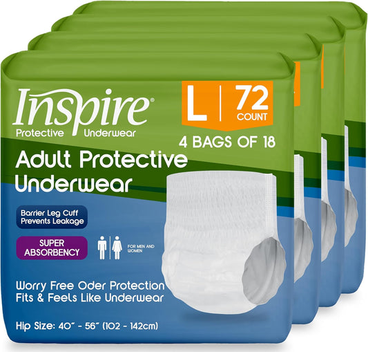 Inspire Protective Underwear for Men and Women | Adult Diapers for Bowel Incontinence | Disposable Underwear for Women and Men - 4 Bags of 18 | 72 Total (Large)