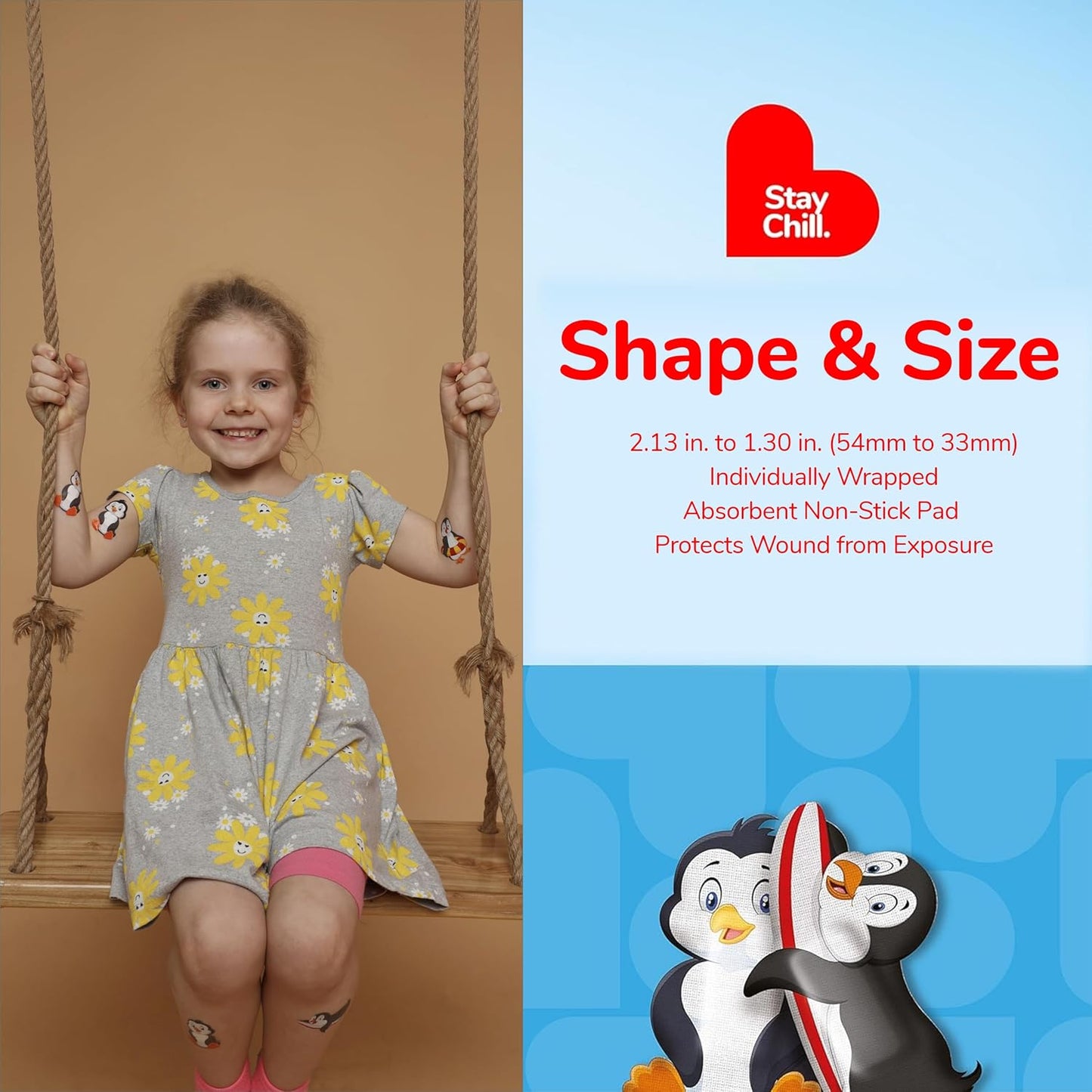 BioSwiss Kids Bandages, Penguin Shaped Self Adhesive Bandage Set, Latex Free, Sterile Wound Care, 50 Count