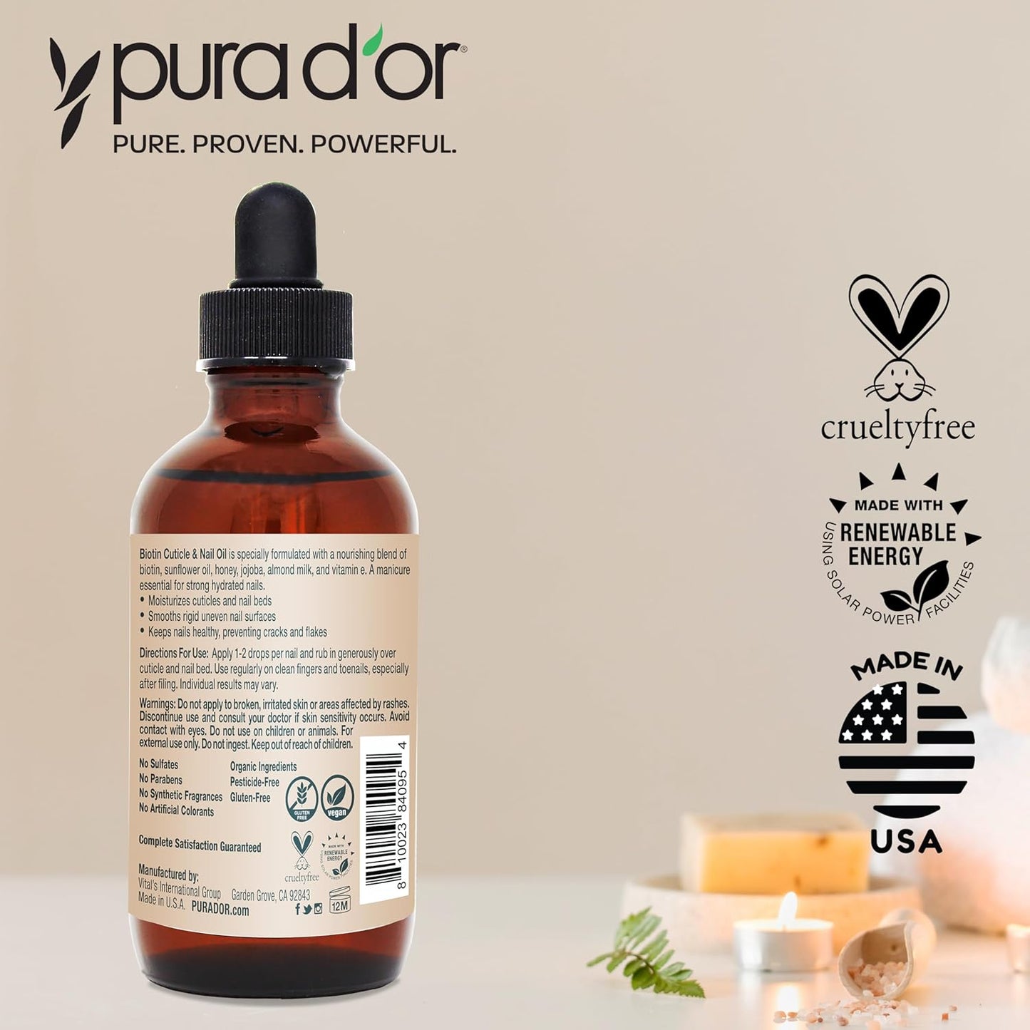 PURA D'OR 4 Oz Nail and Cuticle Oil - Nourishing Treatment with Dropper - Natural Blend Enriched with Biotin, Vitamin E, Milk for Nail Growth, Healthy Nail Beds and Great for Acrylic Nails