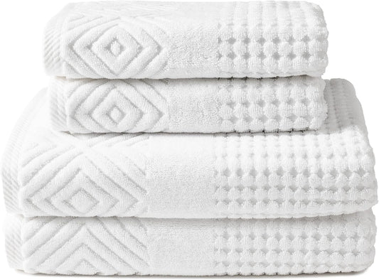Texere 100% Organic Cotton Diamond Jacquard 700 GSM Luxury Bath Towel Sets - Ultra Soft and Absorbent Hotel and Spa Quality (Diamond, Bright White, 2 Bath & 2 Hand Towels)