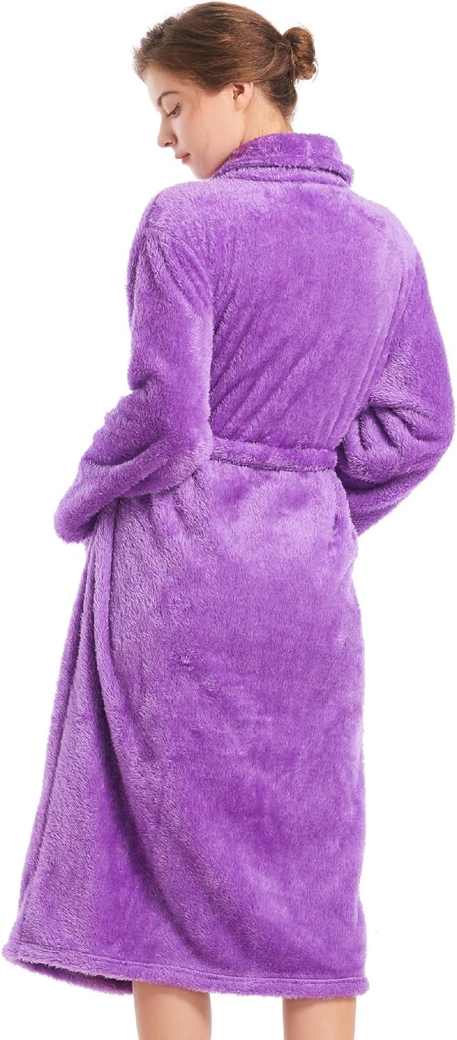 Inner Wish Womens Plush Fleece Robe, Cozy Warm Bathrobe Fuzzy Female Spa Robe With Pockets