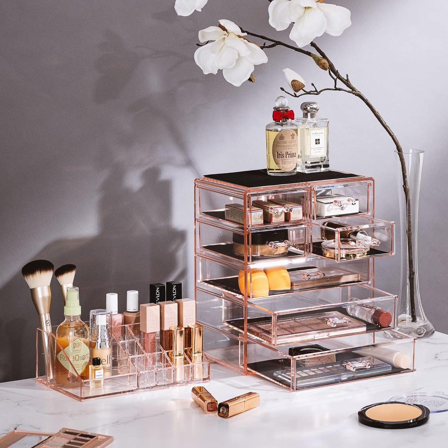 Sorbus Clear Cosmetic Makeup Organizer - Make Up & Jewelry Storage, Case & Display - Spacious Design - Great Holder for Dresser, Bathroom, Vanity & Countertop (3 Large, 4 Small Drawers) [Pink]
